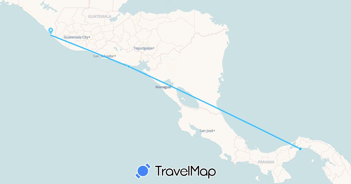 TravelMap itinerary: driving, boat in Mexico, Panama, El Salvador (North America)